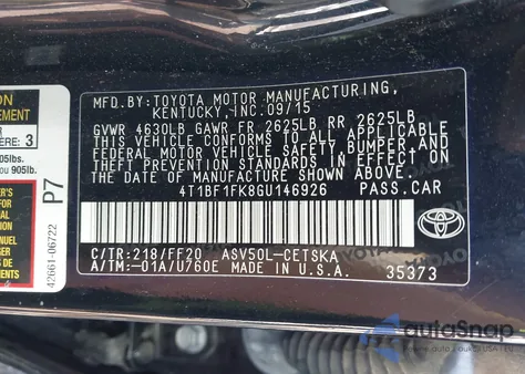 2016 Toyota Camry Se из США, поврежденный, VIN 4T1BF1FK8GU146926